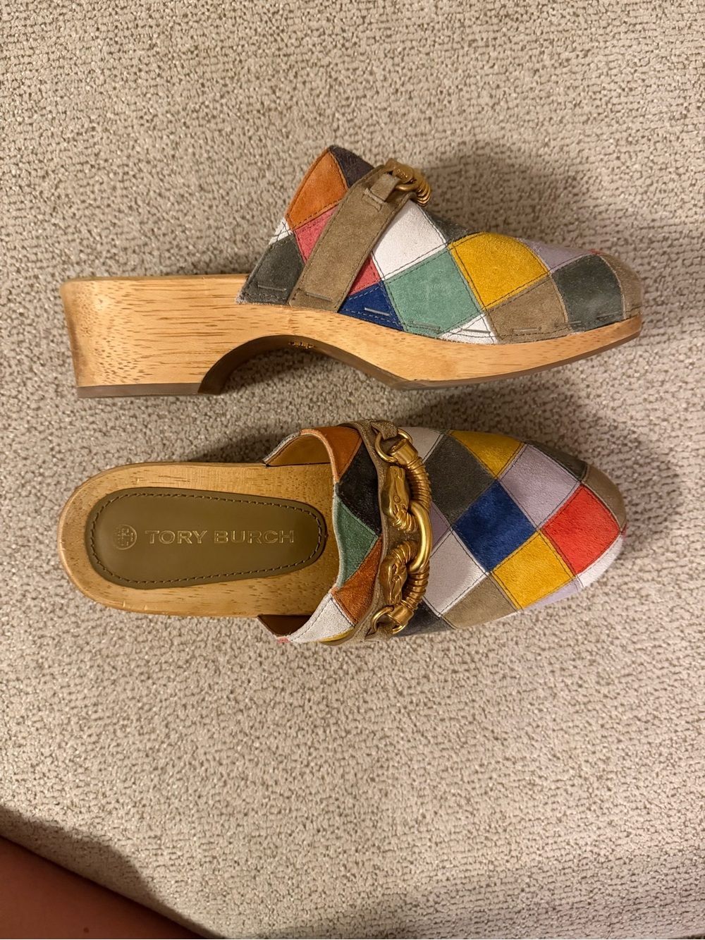 Tory Burch Jessa Patchwork Suede Clog Sandals Size 9 - Picture 6 of 12